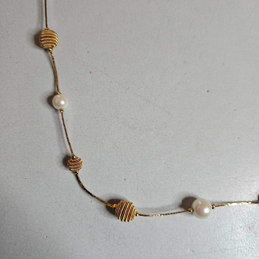 Vintage Trifari Gold‎ Tone Faux Pearl Ribbed Bead Station Necklace 34 Inch Long